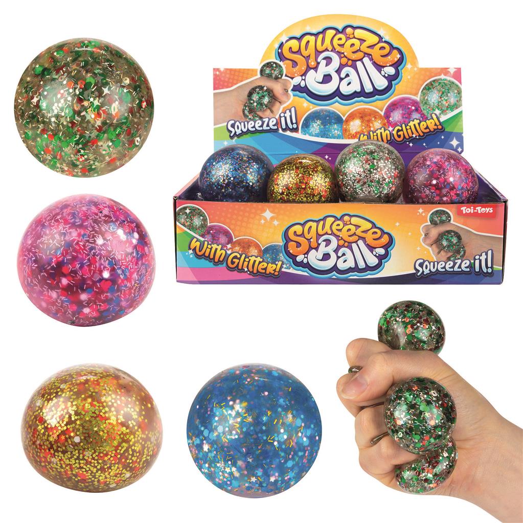 Quetsch-Ball Glitzergel 6cm, 4-fach sort.