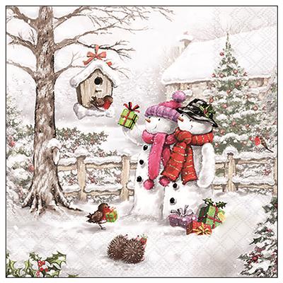 Servietten 20er Snowmen bringing gifts, 33cm